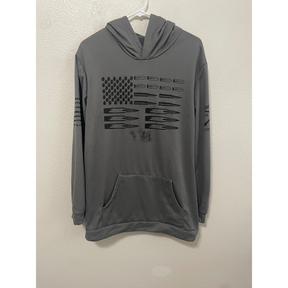 Grunt Style Hoodie Men Medium Gray EUC Bullet Flag Graphic Pullover Patriotic